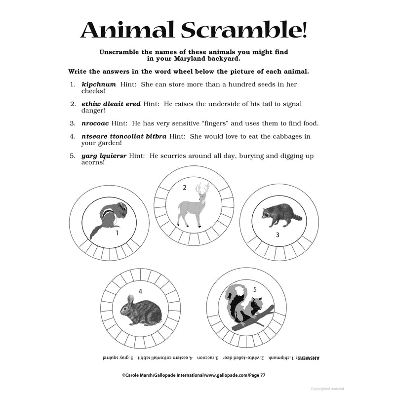 Big Maryland Activity Book - Inside Animal Scramble Page