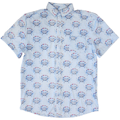 Blue Crab Print Adult Button Down Shirt