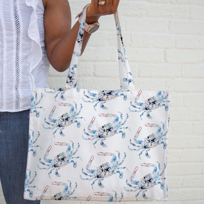 Blue Crab Floral Canvas Tote Bag Model