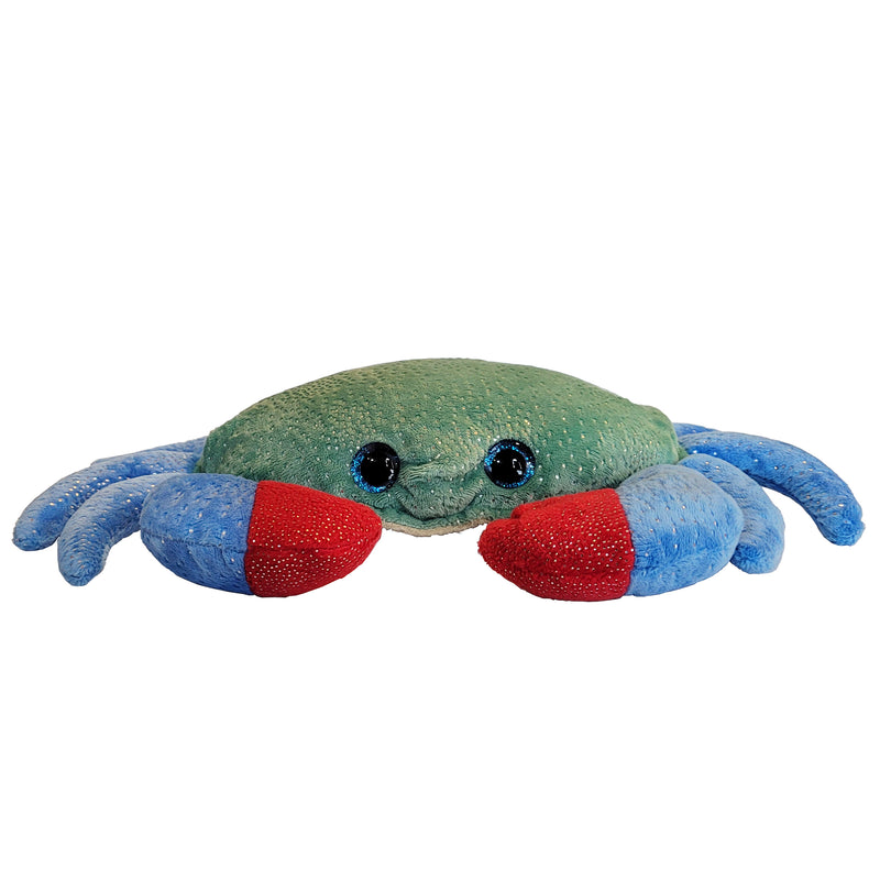 blue and green crab with red tipped claws plush toy front view