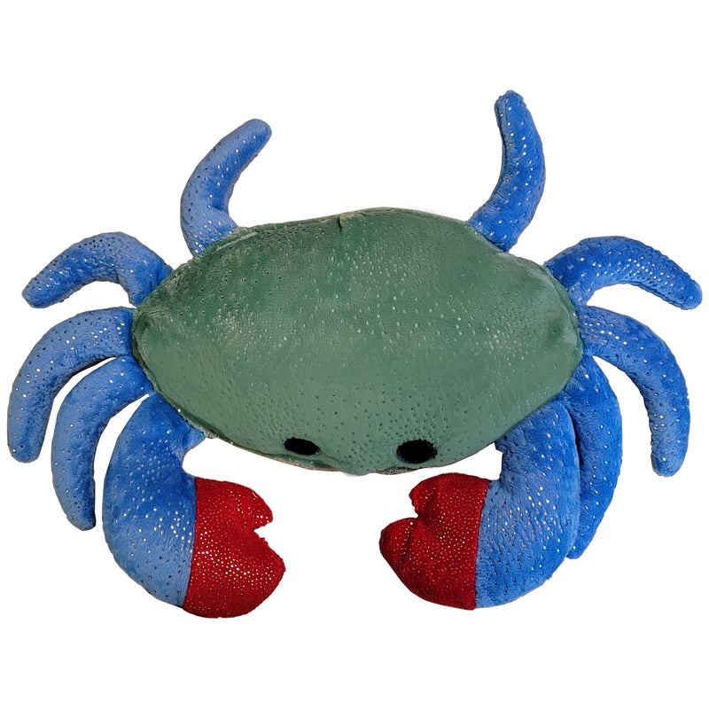 blue and green crab with red tipped claws plush toy top view