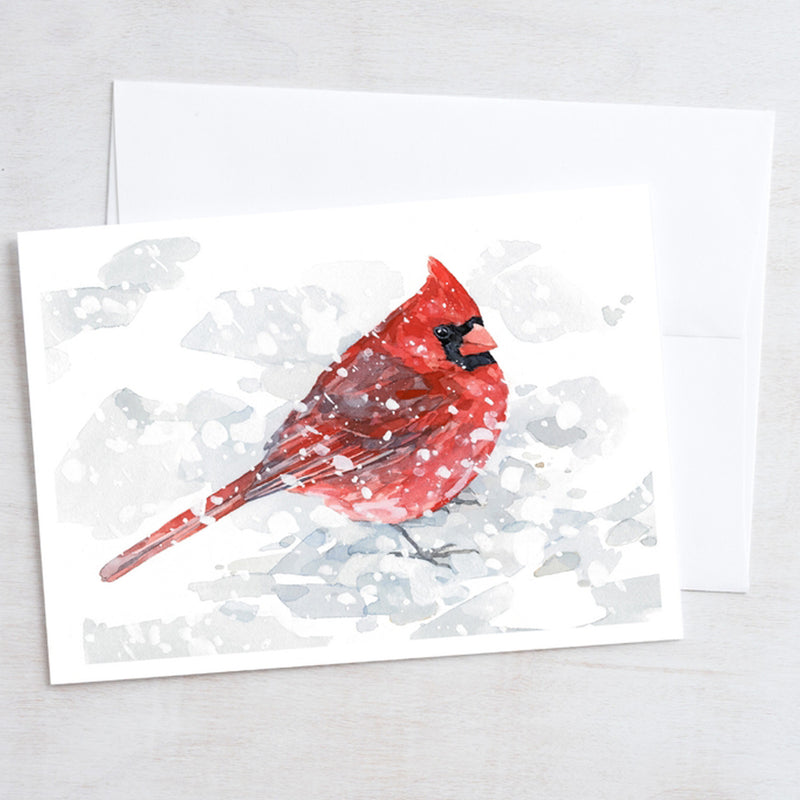 Male Cardinal In Snow Watercolor Art 5"x7" Notecard