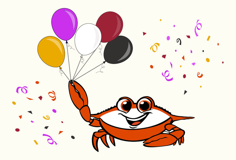 celebration crab holding balloons postcard