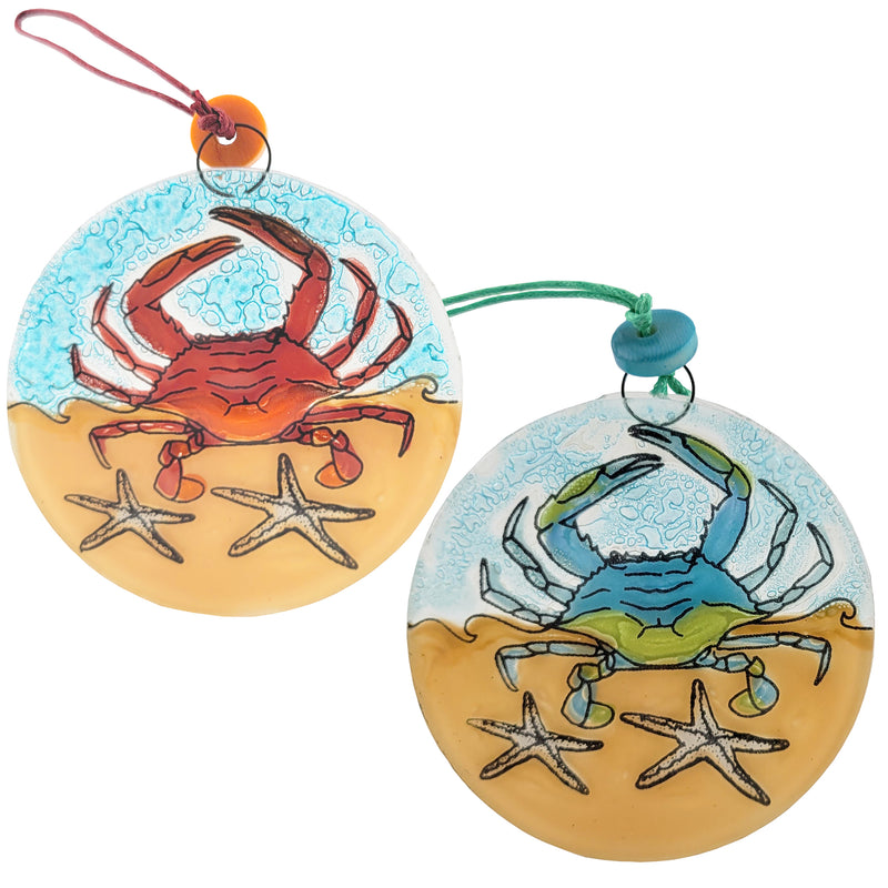 Crab at the Beach Glass Ornament - Blue or Red