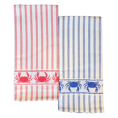 Crab Linen Blend Kitchen Towel - Blue or Red (folded)