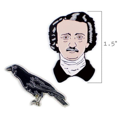 Edgar Allan Poe & Raven Enamel Pin Set (size details)