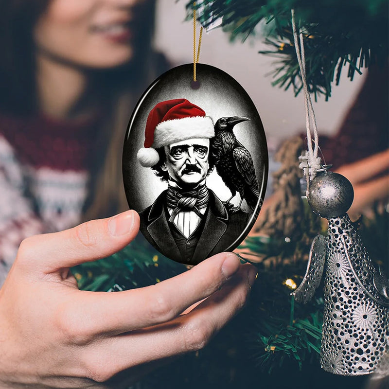 Edgar Allan Poe Santa Hat & Raven Ceramic Ornament