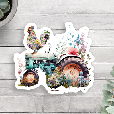 Farm Tractor & Chickens Floral Vinyl Sticker (scene)