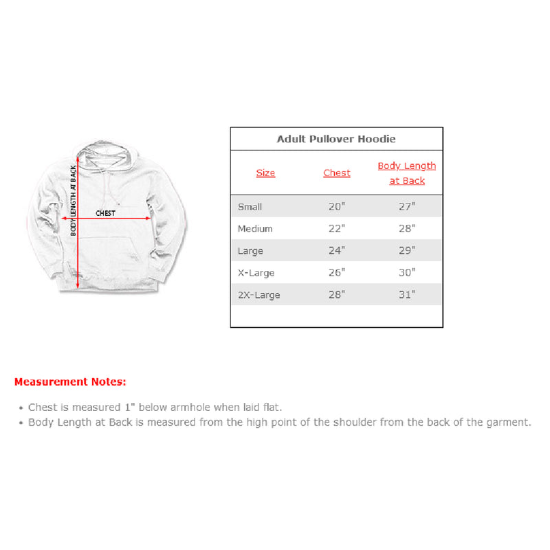 Maryland Blue Crab Hooded Sweatshirt Size Chart