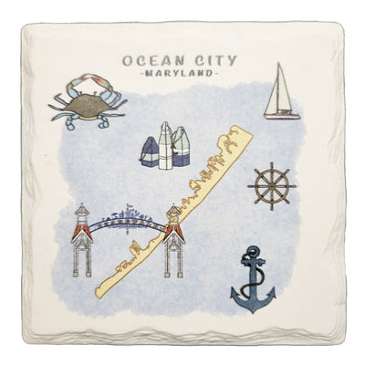 Ocean City Icons Map Hand-Drawn Ceramic Drink Coaster