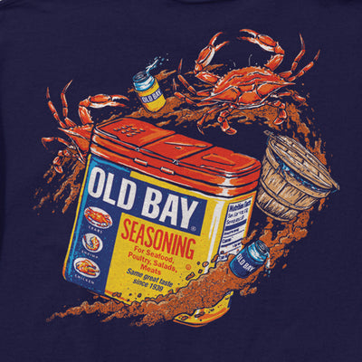 Old Bay Seasoning Can Swirl Navy T-Shirt (design closeup)