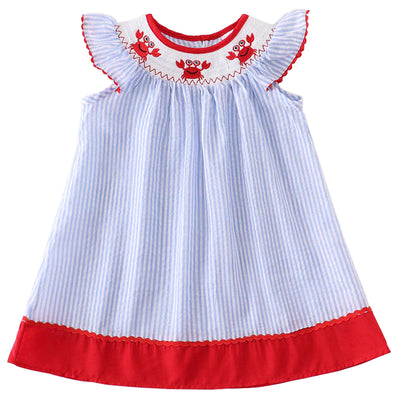 Blue Striped Crab Smocked Girl's Dress