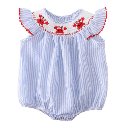 Blue Striped Crab Smocked Baby Romper