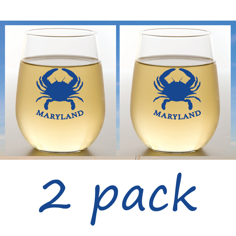 Shatterproof Stemless Wine Set of 2 - Blue Crab Maryland