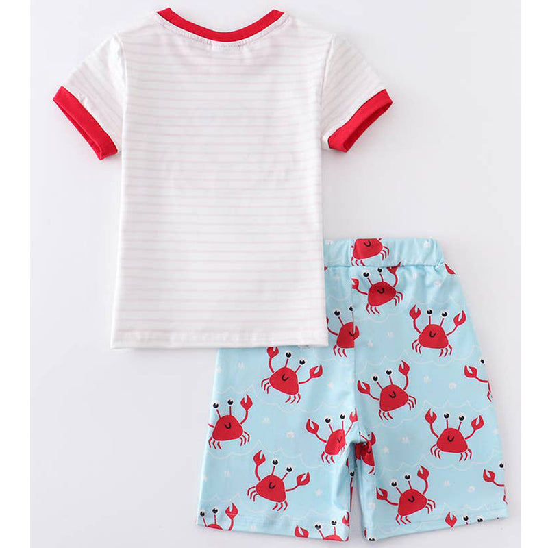 Crab Applique White Stripe Boys Short Set (back)