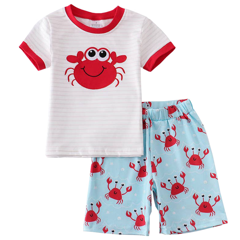 Crab Applique White Stripe Boys Short Set