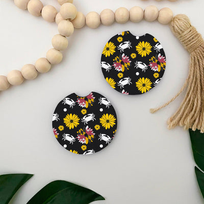 Maryland Flower & Crab Black Car Coasters Set of 2 (scene)