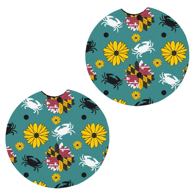 Maryland Flower & Crab Teal Car Coasters Set of 2