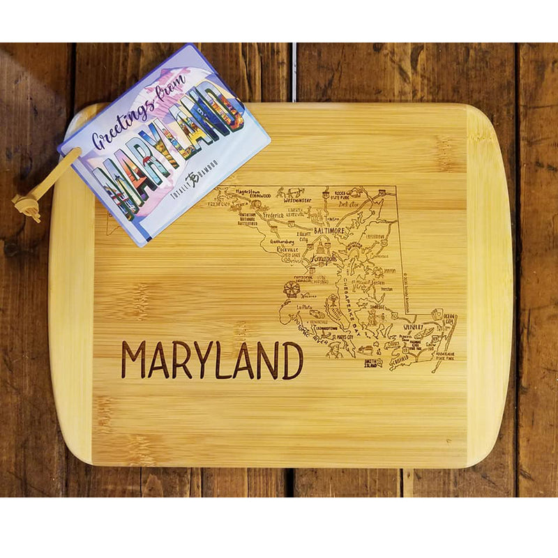 Maryland Map Bamboo Cutting Board Display