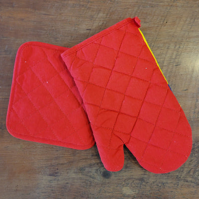 Old Bay Seasoning Can Potholder and Oven Mitt Red Trim Red Back