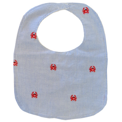 Crab Baby Bib - Red Crab on Blue Pinstripe